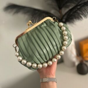 Chic Olive Clutch with Pearl Accent